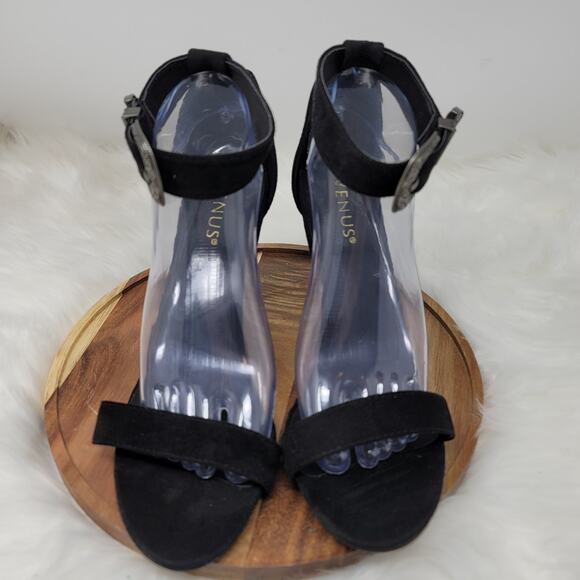 Venus Women's Black Suede Open Toe 4" Heels Western Buckle Accent 9.5 - Picture 2 of 7